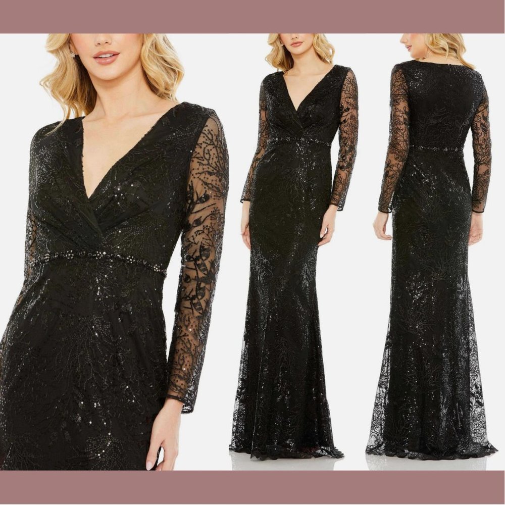 NEW $698 Mac Duggal [ 18 ] Embellished Wrap Over Long Sleeve Gown Black‎